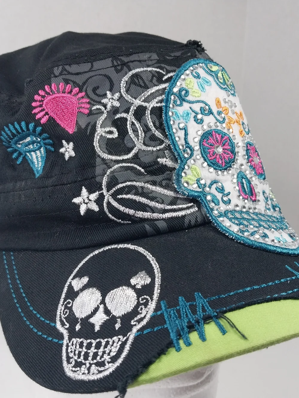 Leader Sugar Skull Embroidered Rhinestone Distressed Cadet Hat Adjustable cap - Picture 4 of 13